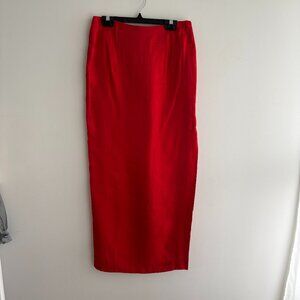 Vintage Red Column Maxi Skirt High Slit Lined Minimalist 90s Aesthetic
